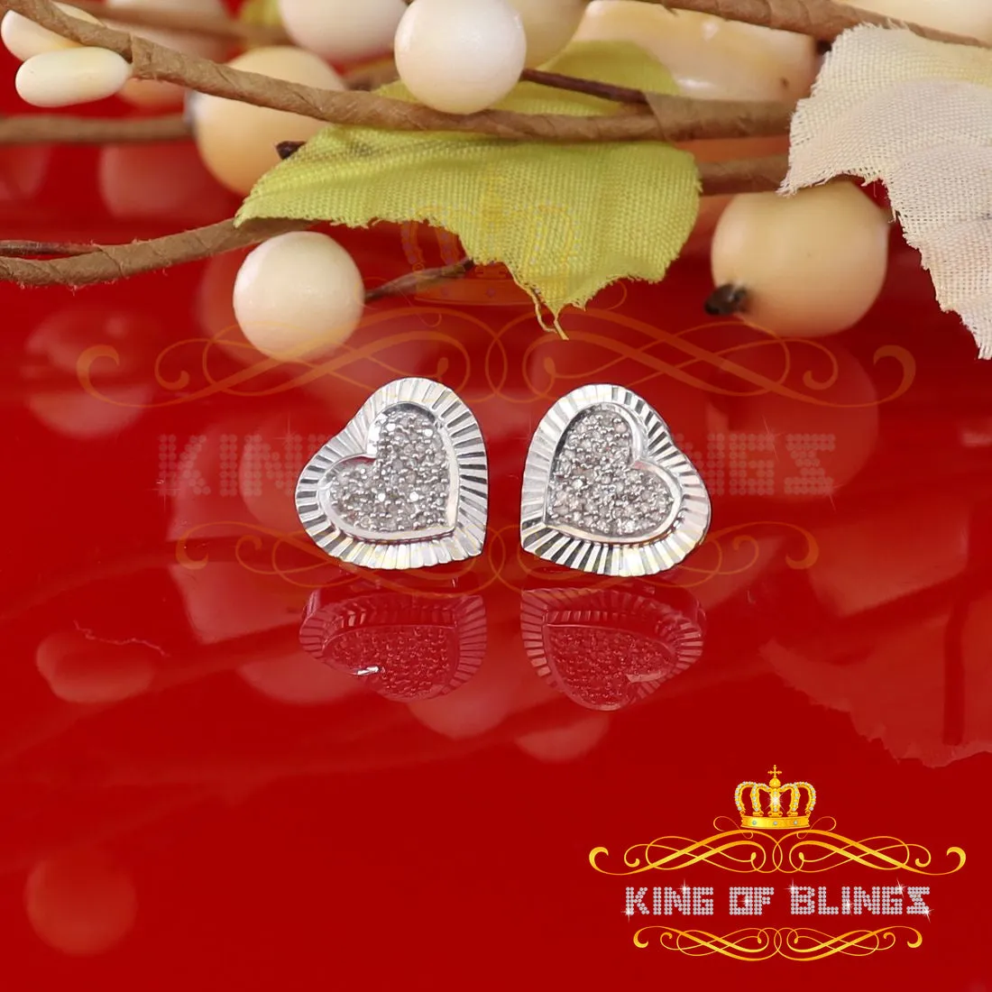 King Of Bling's Aretes Para Hombre Heart 925 White Silver 0.25ct Diamond Ladies Style Earrings