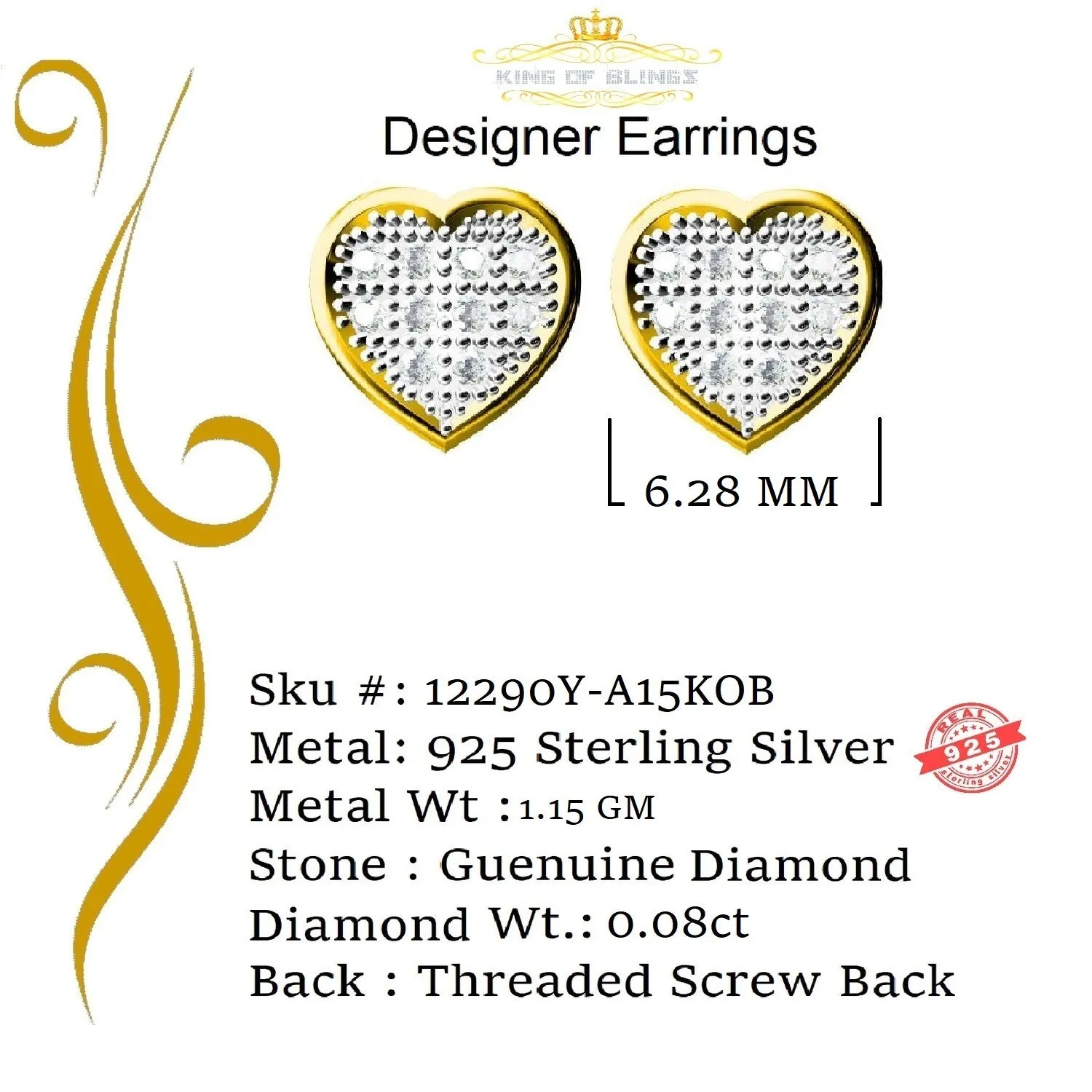 King of Blings-Aretes Para Hombre Heart 925 Yellow Silver 0.08ct Diamond Women's /Men's Earring