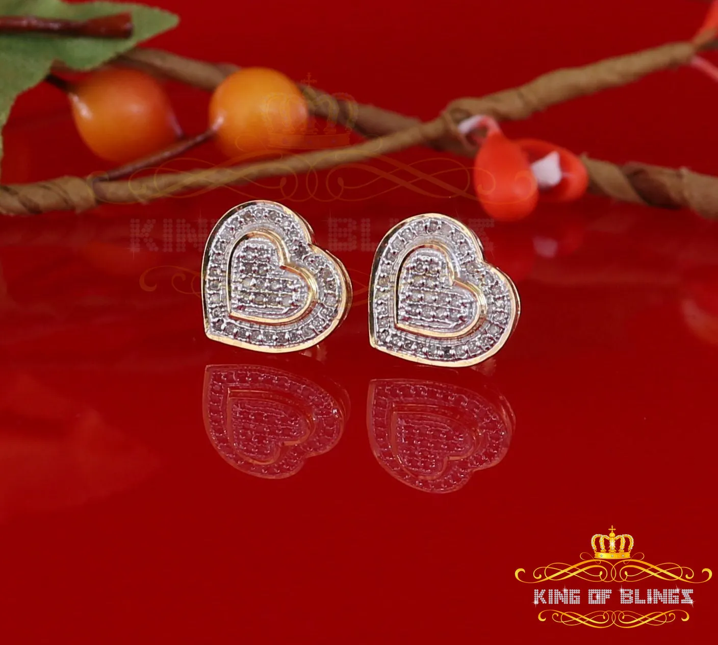 King of Blings-Aretes Para Hombre Heart 925 Yellow Silver 0.20ct Diamond Women's /Men's Earring