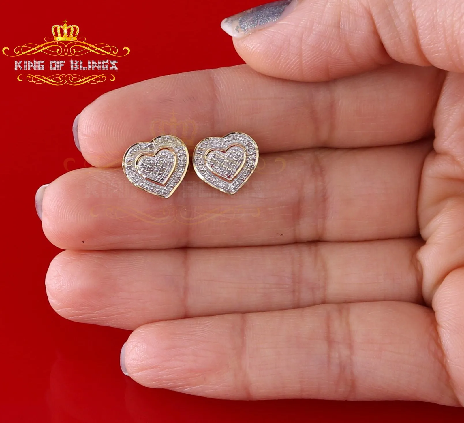 King of Blings-Aretes Para Hombre Heart 925 Yellow Silver 0.20ct Diamond Women's /Men's Earring