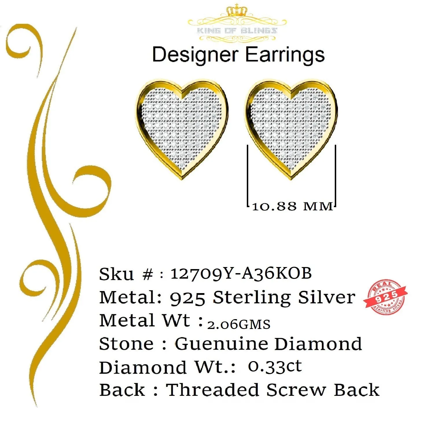 King of Blings-Aretes Para Hombre Heart 925 Yellow Silver 0.33ct Diamond Women's /Men's Earring