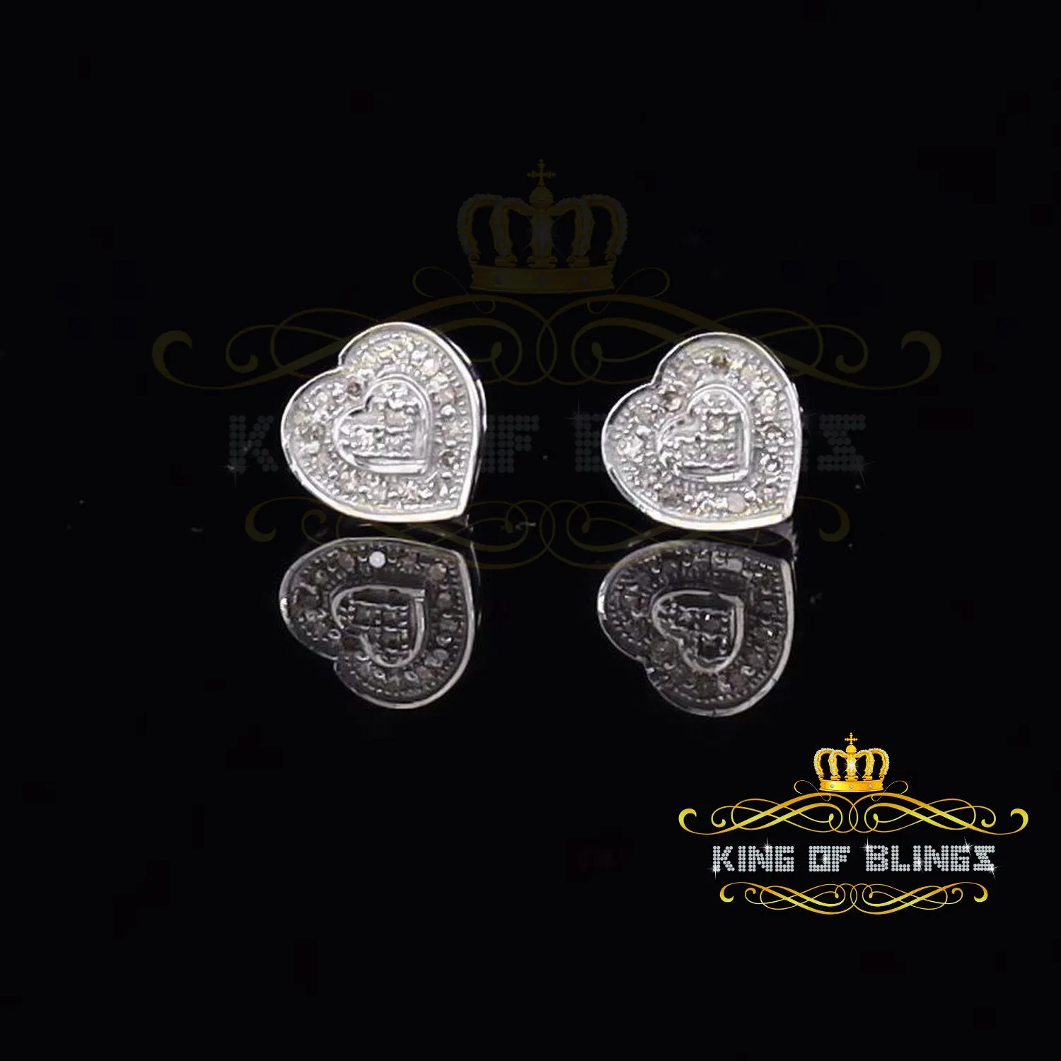 King Of Bling's Micro Pave 0.11ct Real Diamonds 925 White Silver Women's & Men's Heart Earrings