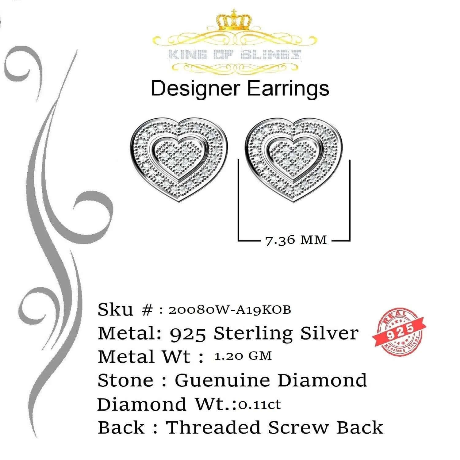 King Of Bling's Micro Pave 0.11ct Real Diamonds 925 White Silver Women's & Men's Heart Earrings