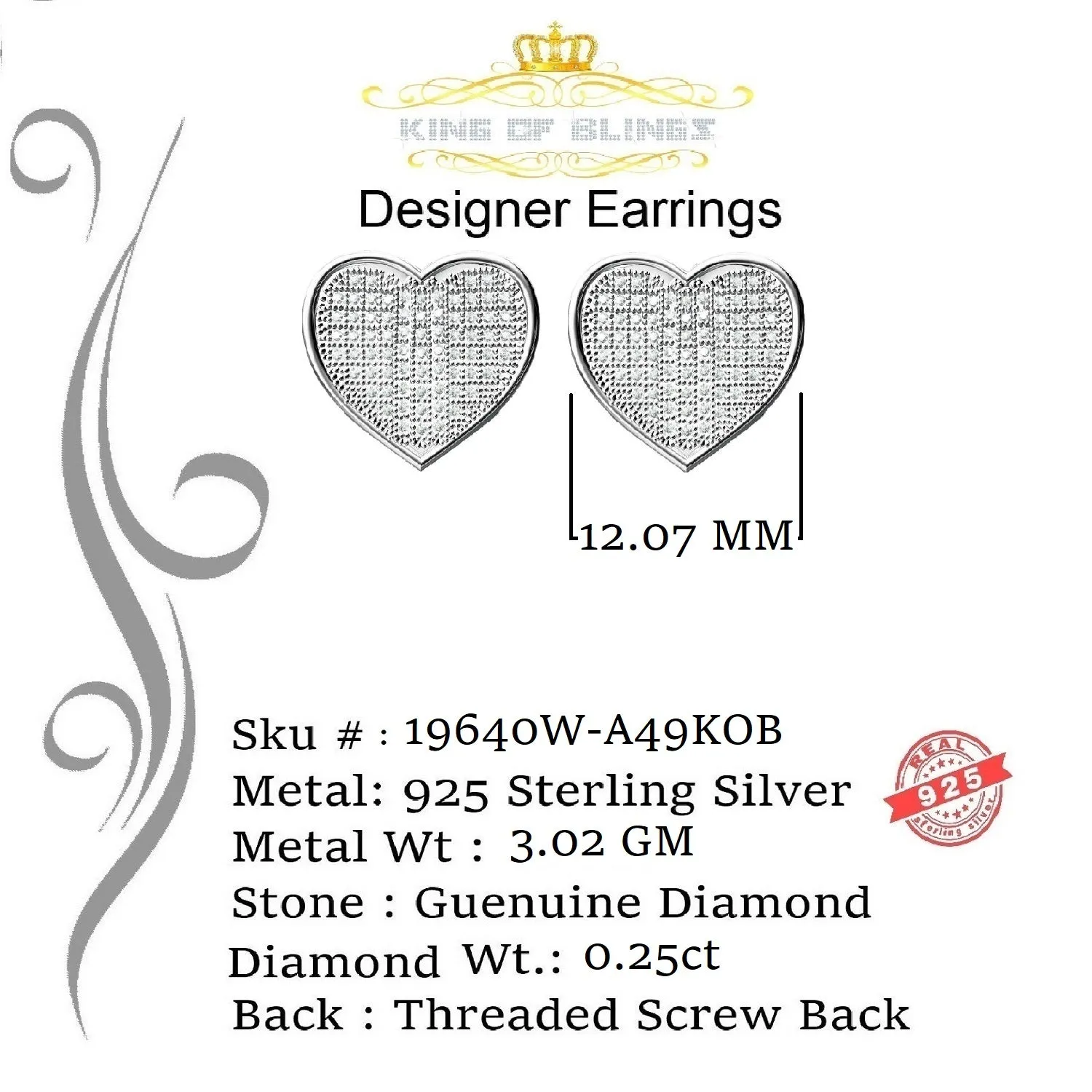 King Of Bling's Micro Pave 0.25ct Real Diamonds 925 White Silver Women's & Men's Heart Earrings