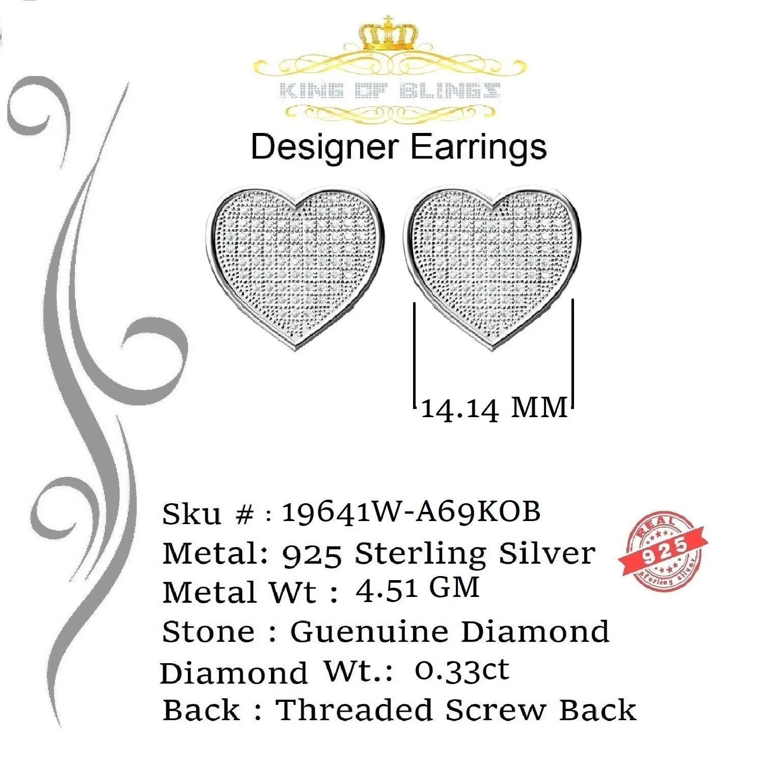 King Of Bling's Micro Pave 0.33ct Real Diamonds 925 White Silver Women's & Men's Heart Earrings