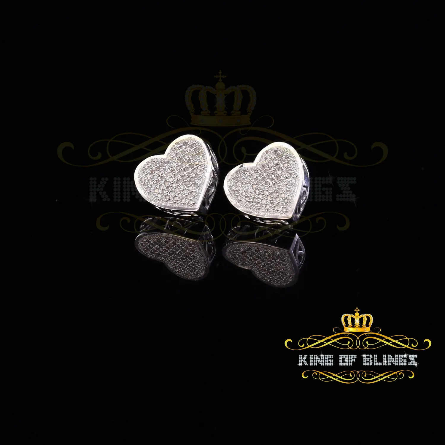 King Of Bling's Micro Pave 0.33ct Real Diamonds 925 White Silver Women's & Men's Heart Earrings