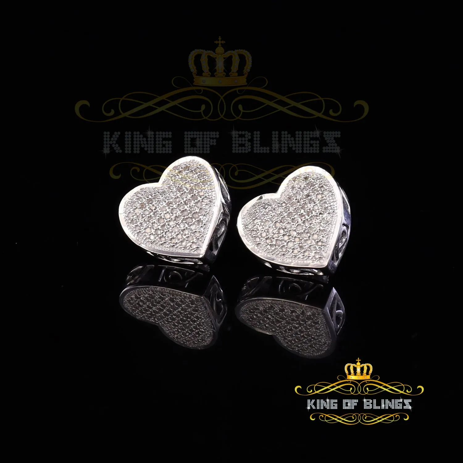 King Of Bling's Micro Pave 0.33ct Real Diamonds 925 White Silver Women's & Men's Heart Earrings