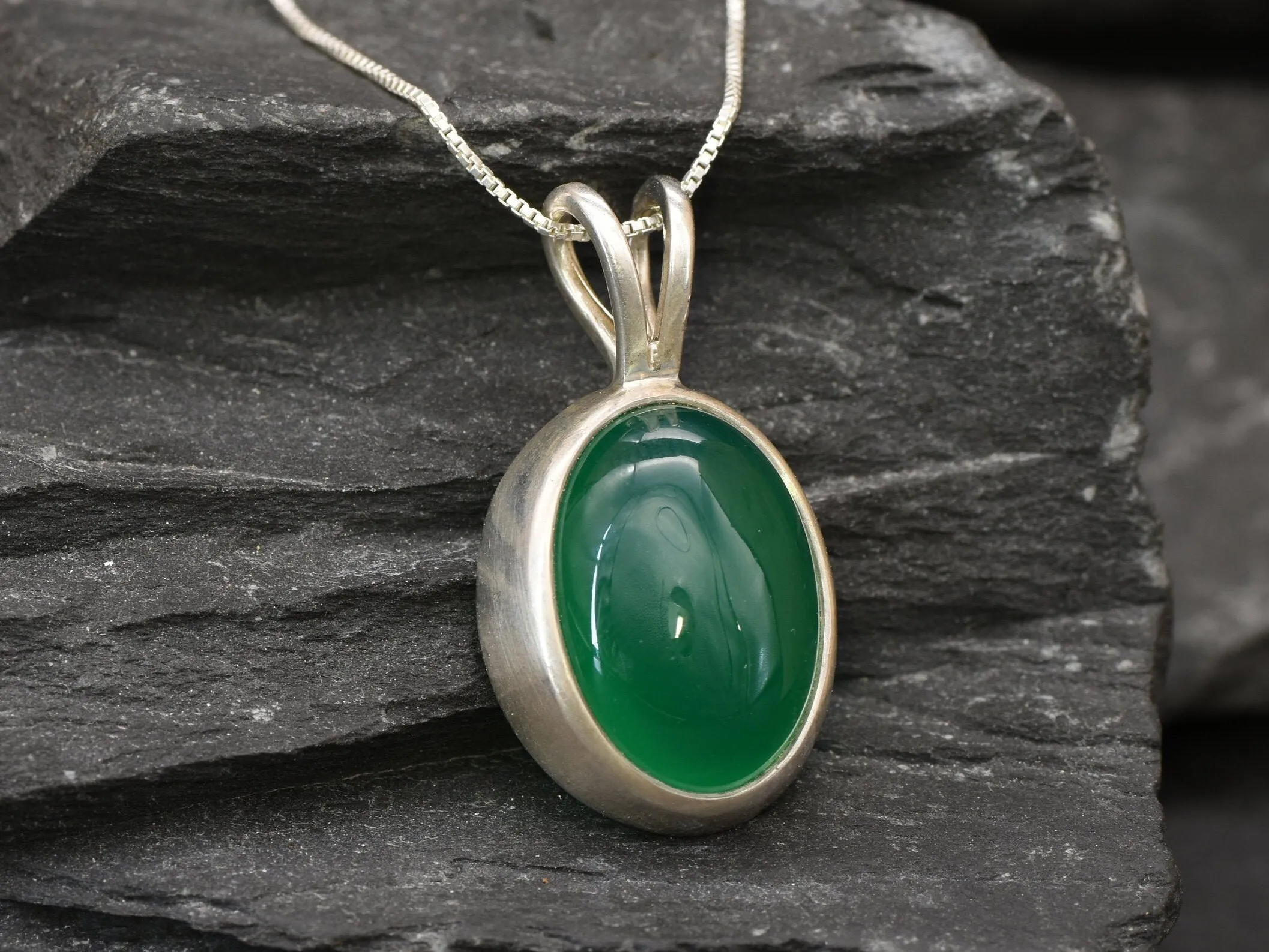 Large Emerald Necklace - Oval Vintage Pendant - Green Bezel Necklace