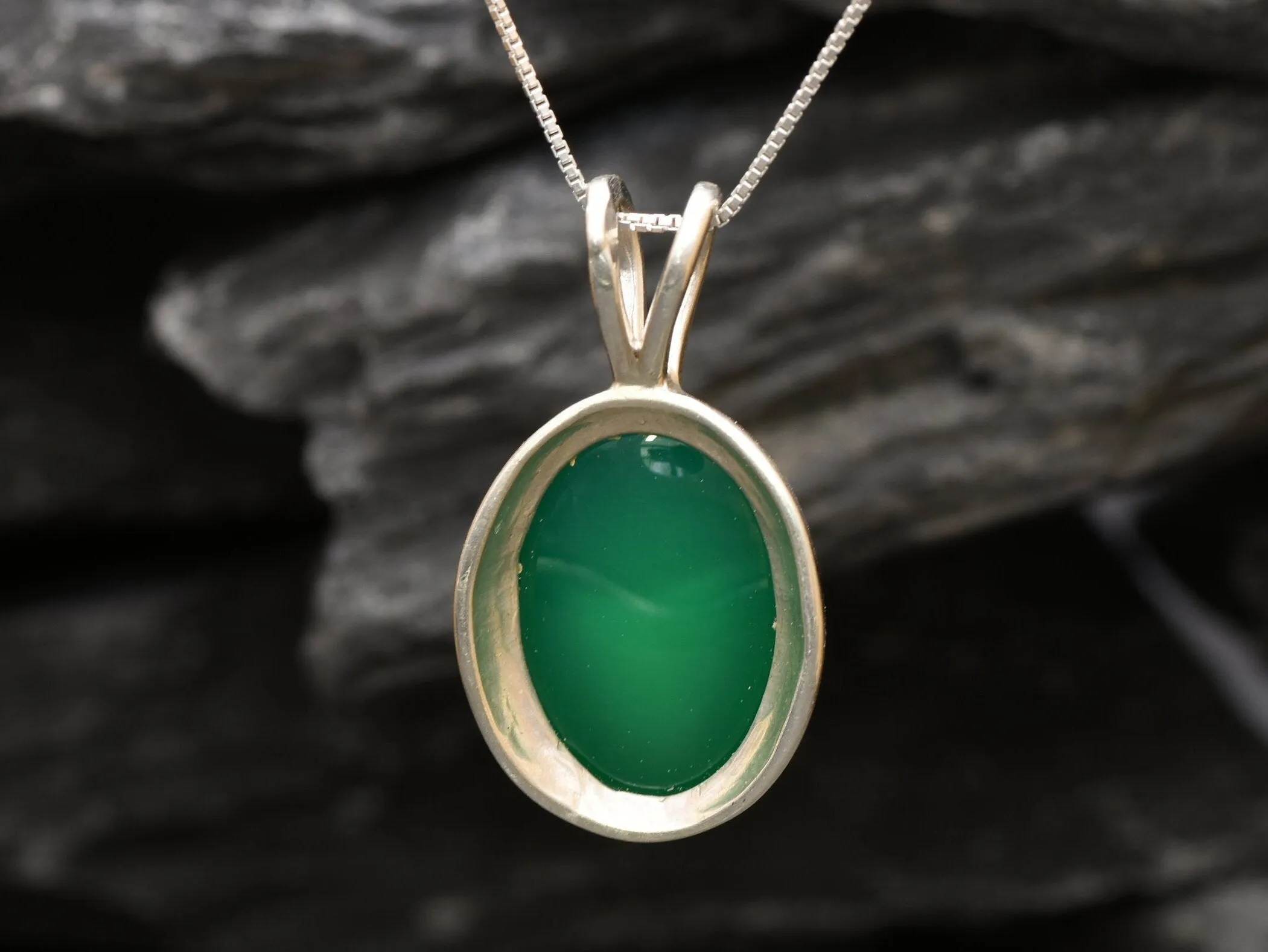 Large Emerald Necklace - Oval Vintage Pendant - Green Bezel Necklace