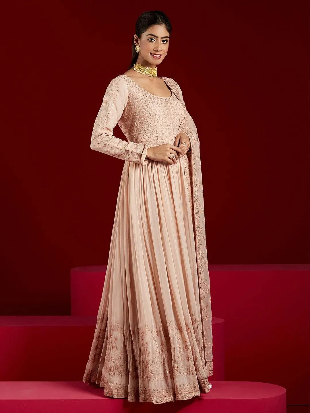 Libas Art Peach Embroidered Georgette Anarkali Suit With Dupatta