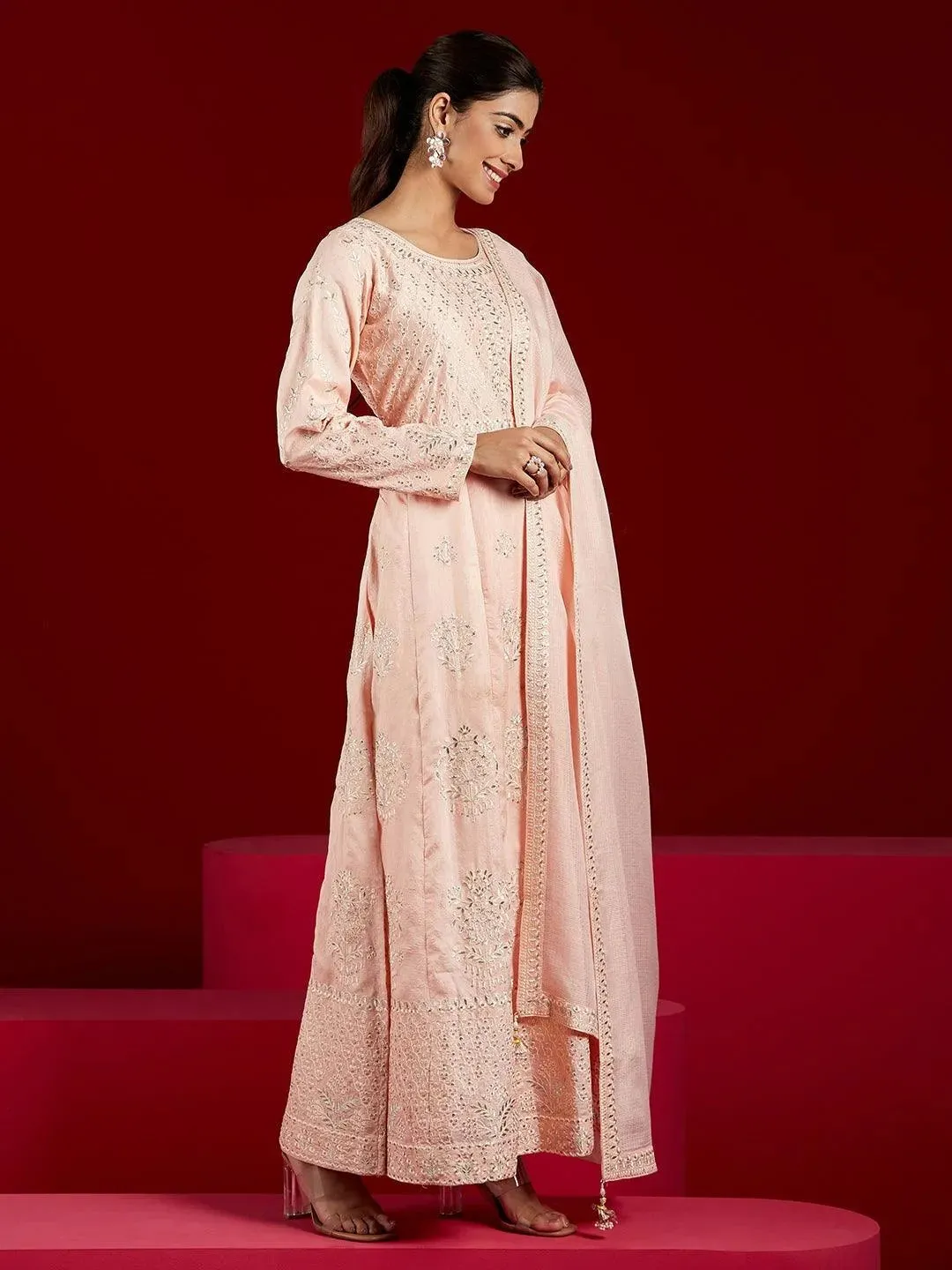 Libas Art Peach Embroidered Silk A-Line Kurta With Trousers & Dupatta