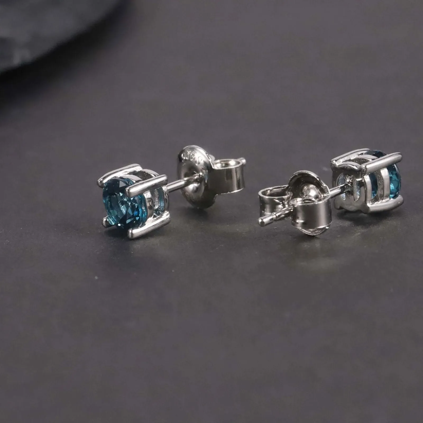 London Blue Topaz Round Shape Stud Earrings in Sterling Silver - Irosk Australia ®