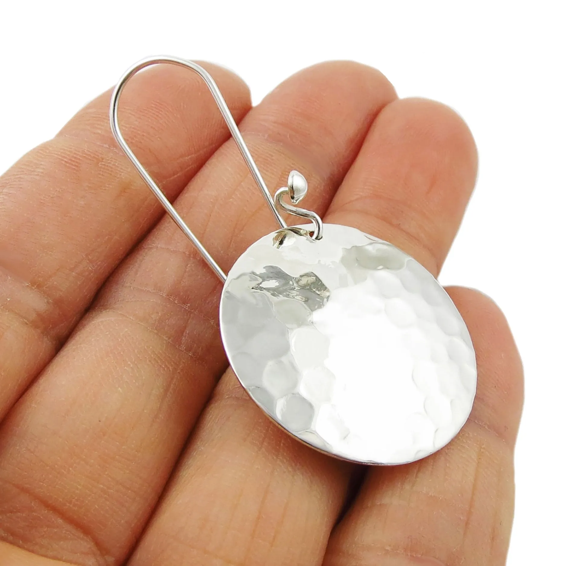 Long Hammered Dangling Earrings in Sterling Silver