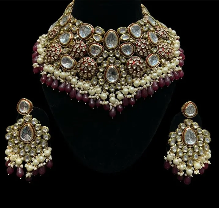 Luxurious Maroon Gemstone Jewelry Set with Necklace and Earrings