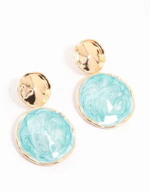 Marbled Blue Double Disc Gold Drop Earrings