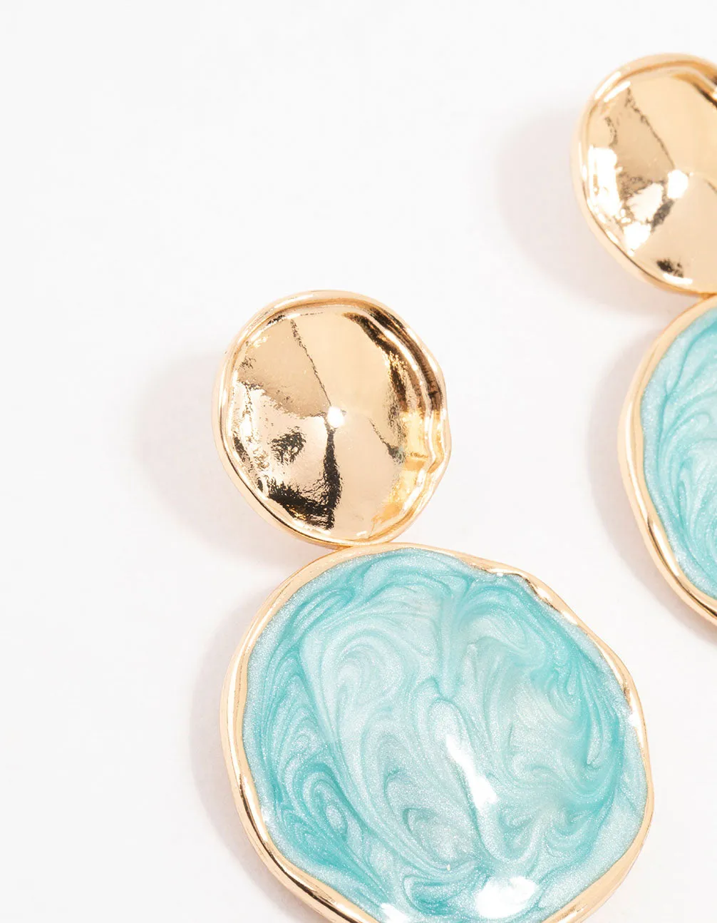 Marbled Blue Double Disc Gold Drop Earrings