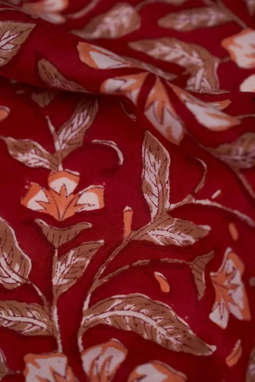 Maroon Pure Cotton Bagru Hand Block Printed Fabric