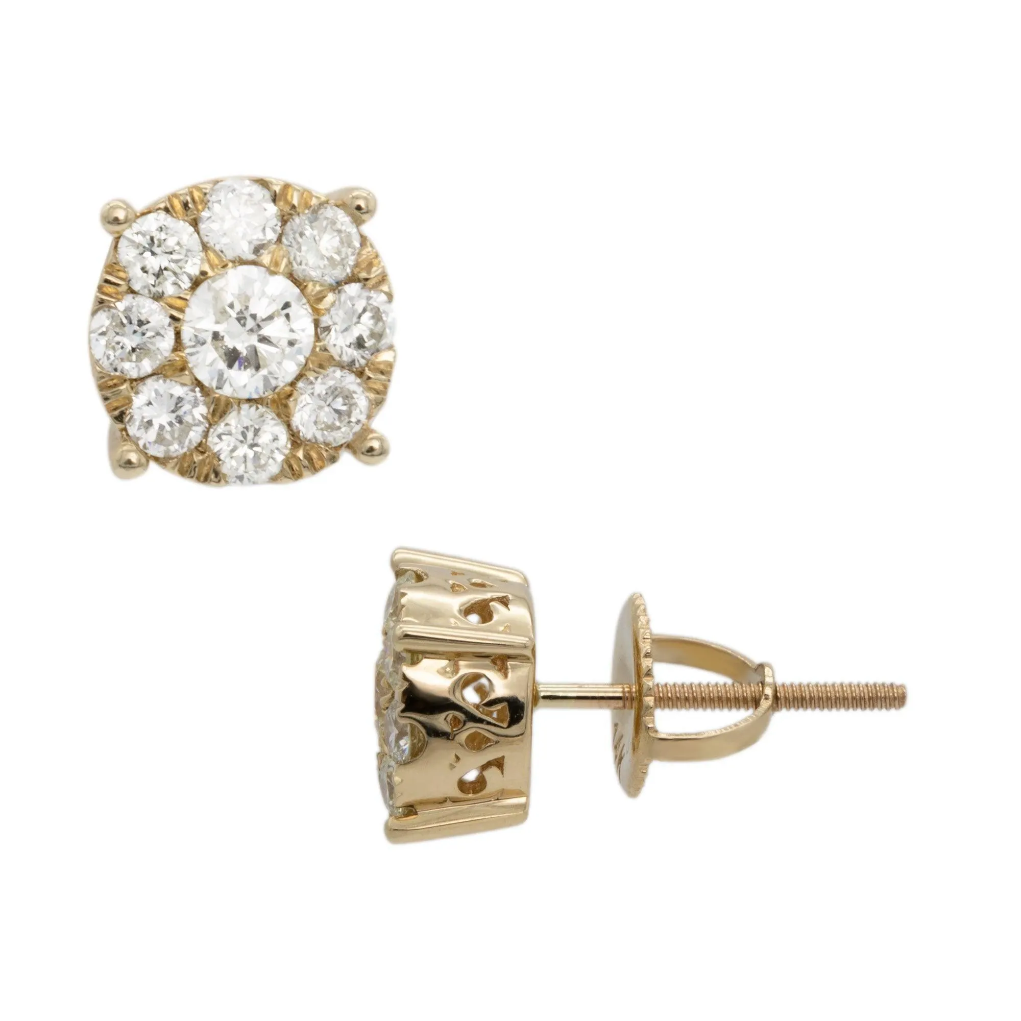 Men's Round Cluster Diamond Stud Earrings 1.15ct 14K Yellow Gold