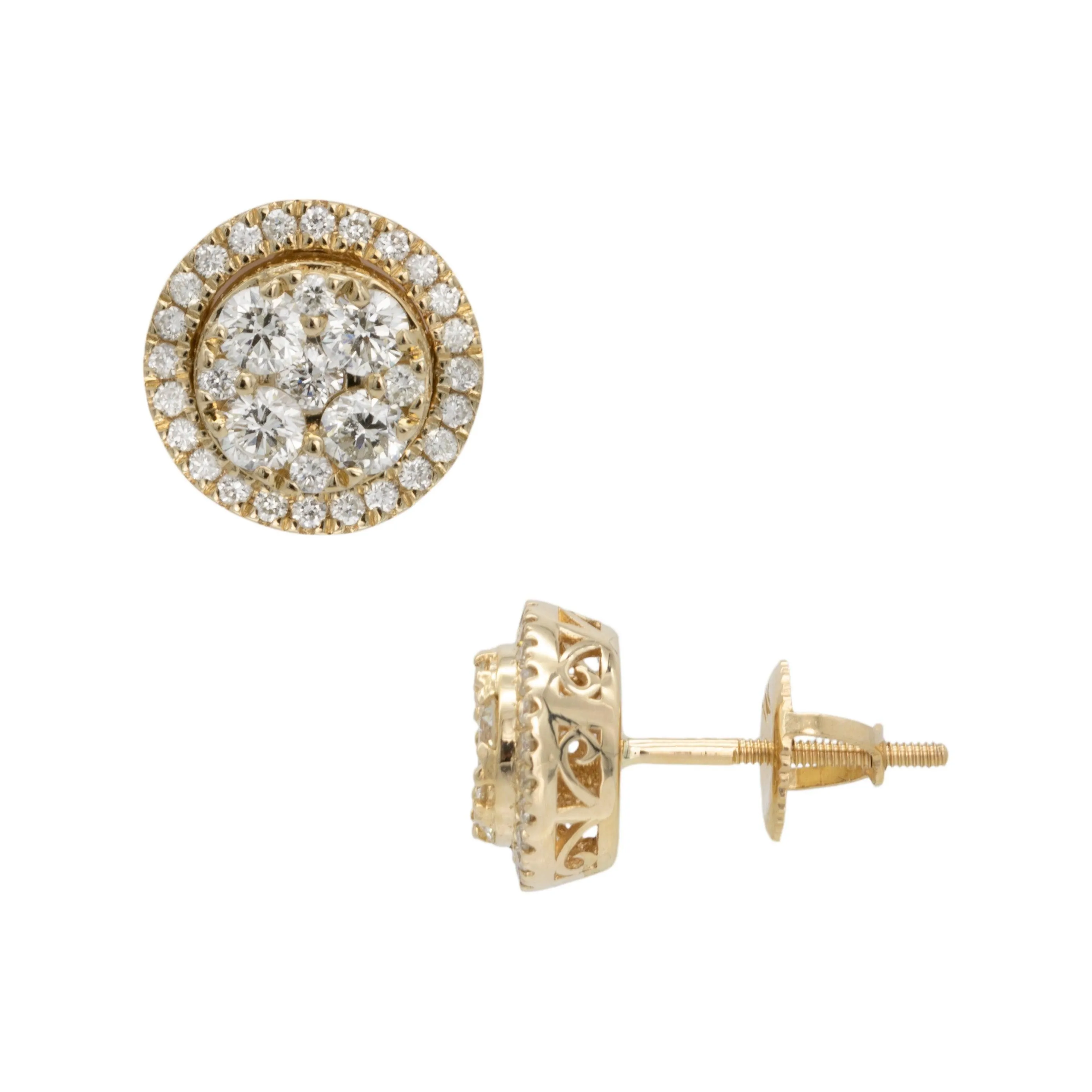 Men's Round Frame Cluster Diamond Stud Earrings 1.03ct 14K Yellow Gold