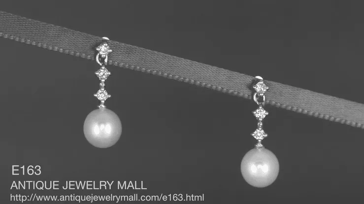 Mid-Century Straightline Diamond Pearl Drop Earrings in 14 Karat White Gold