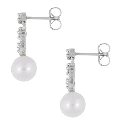 Mid-Century Straightline Diamond Pearl Drop Earrings in 14 Karat White Gold