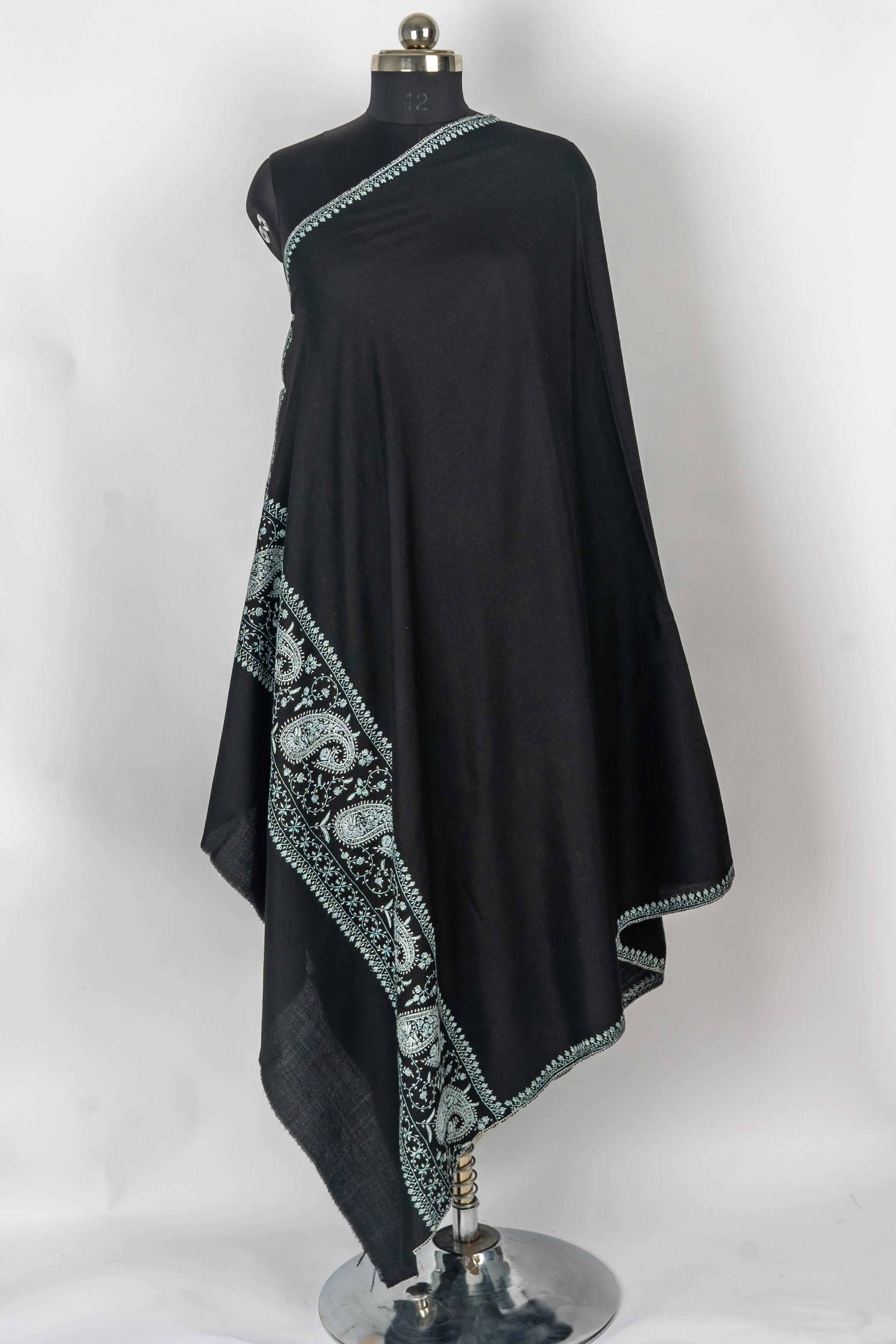 Midnight Sozni: Hand-Embroidered Merino Wool Shawl in Black and Aqua