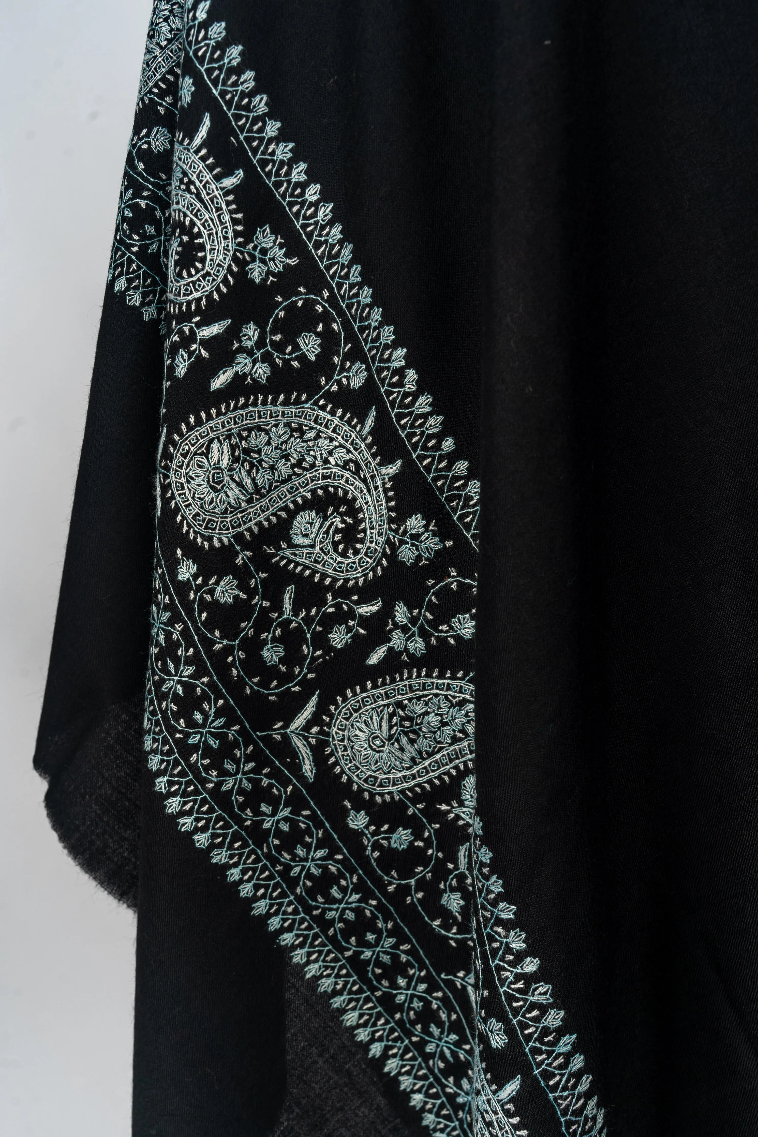 Midnight Sozni: Hand-Embroidered Merino Wool Shawl in Black and Aqua