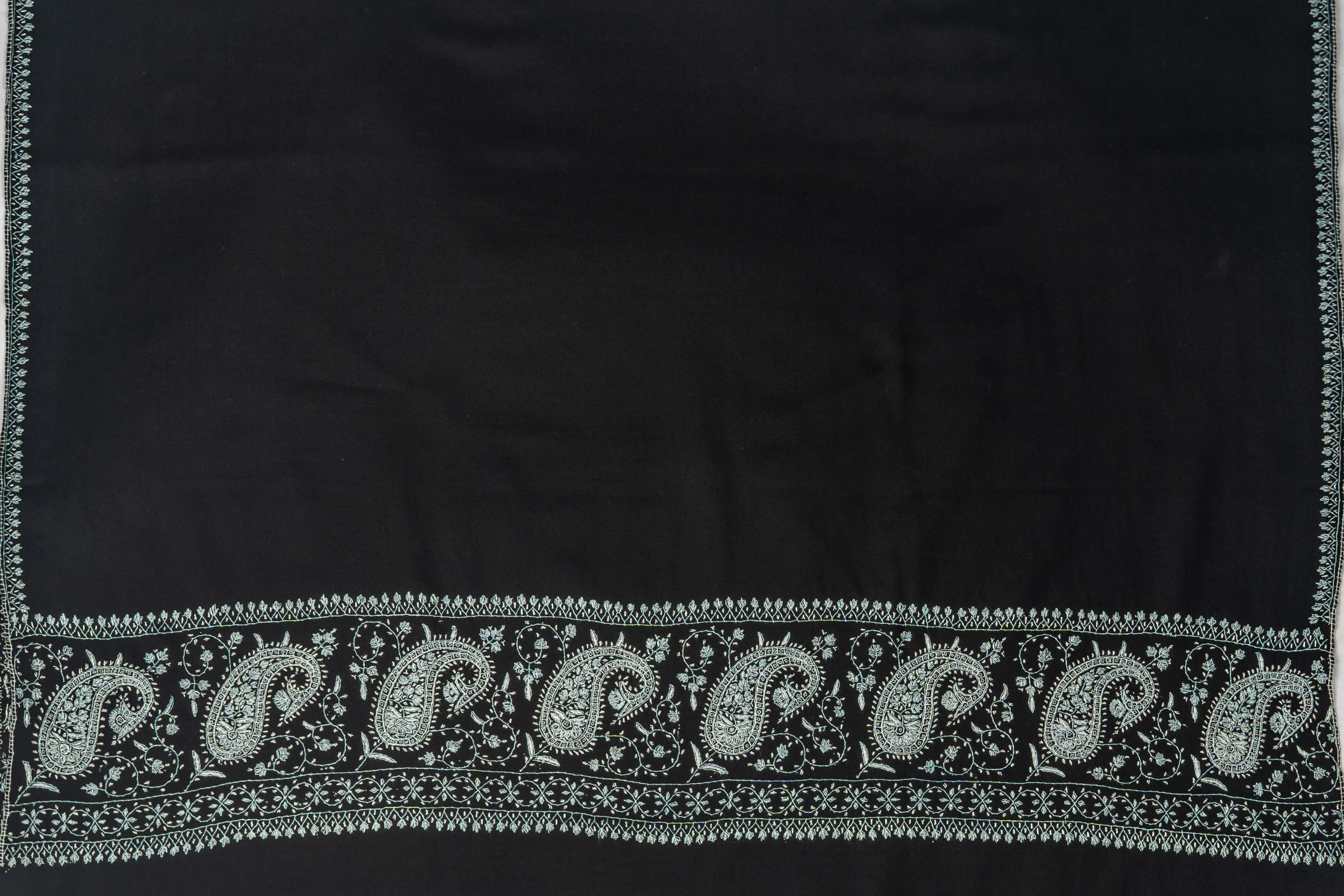 Midnight Sozni: Hand-Embroidered Merino Wool Shawl in Black and Aqua