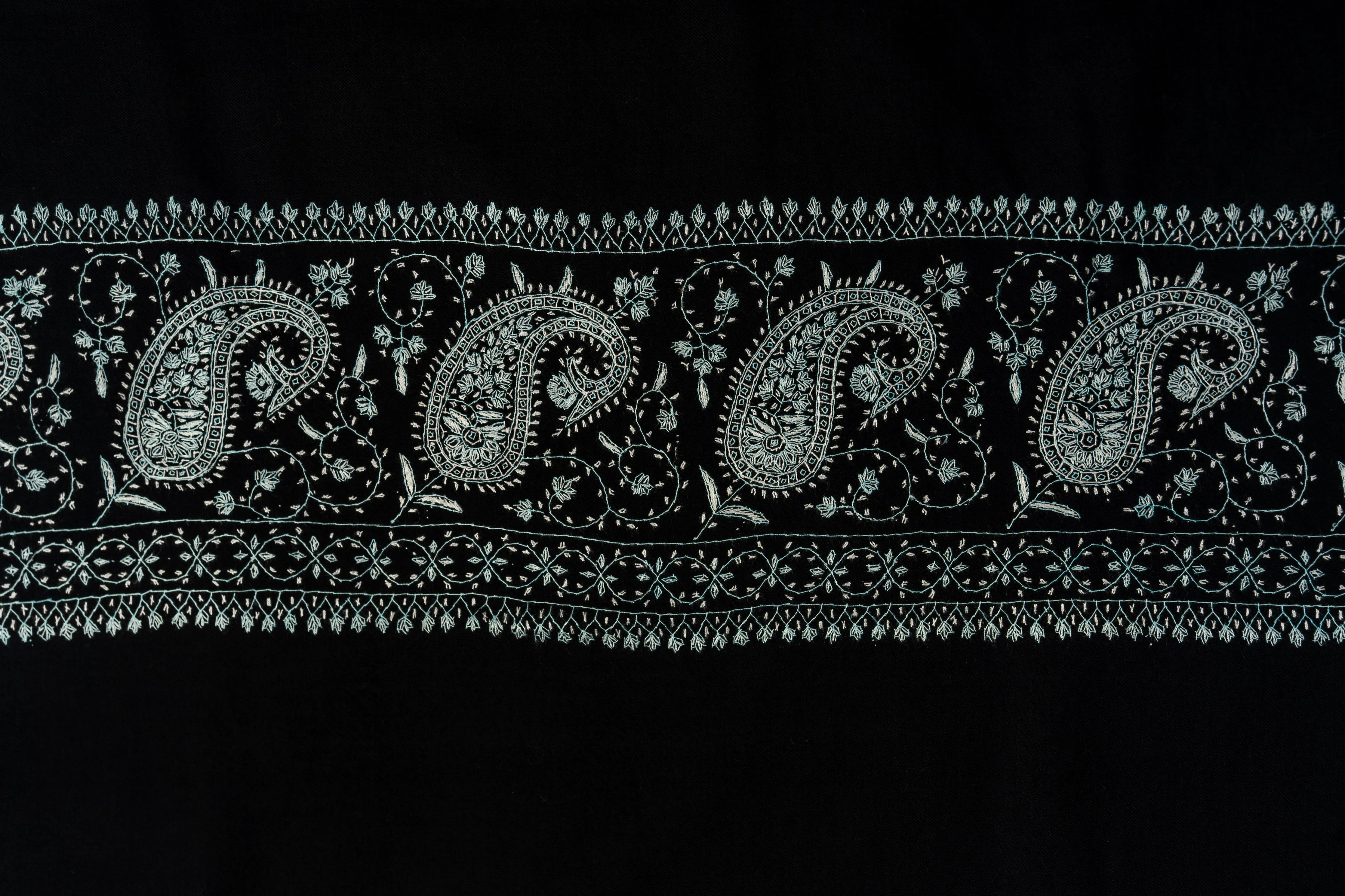 Midnight Sozni: Hand-Embroidered Merino Wool Shawl in Black and Aqua