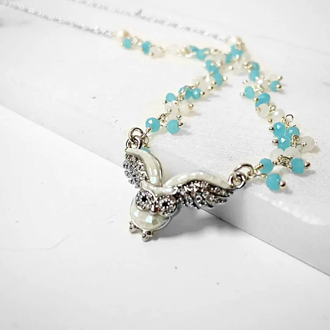 Mother of Pearl Owl with White and Aqua Chalcedony Cluster and Sterling Silver Chain Necklace