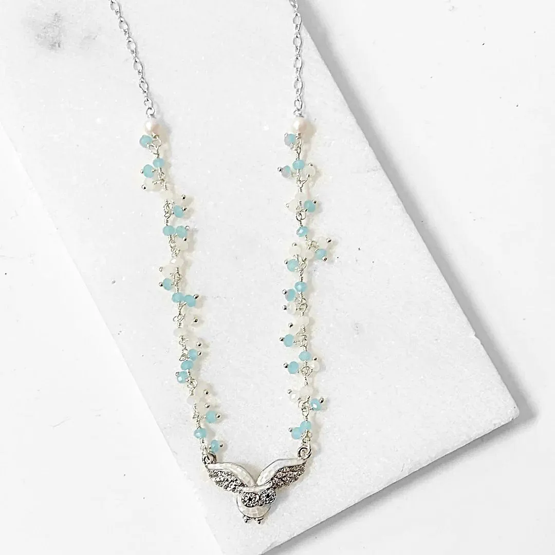 Mother of Pearl Owl with White and Aqua Chalcedony Cluster and Sterling Silver Chain Necklace