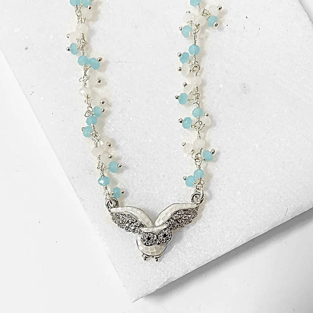 Mother of Pearl Owl with White and Aqua Chalcedony Cluster and Sterling Silver Chain Necklace