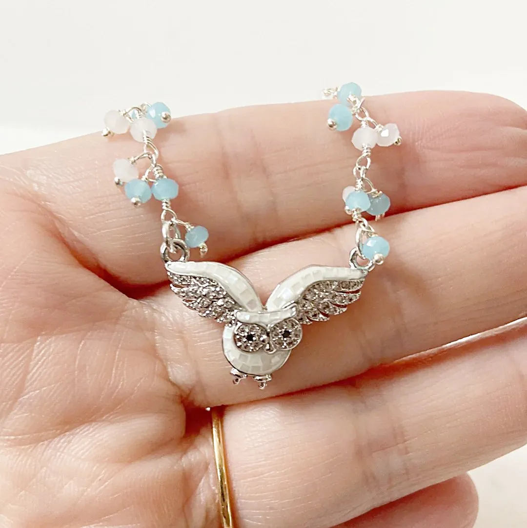 Mother of Pearl Owl with White and Aqua Chalcedony Cluster and Sterling Silver Chain Necklace