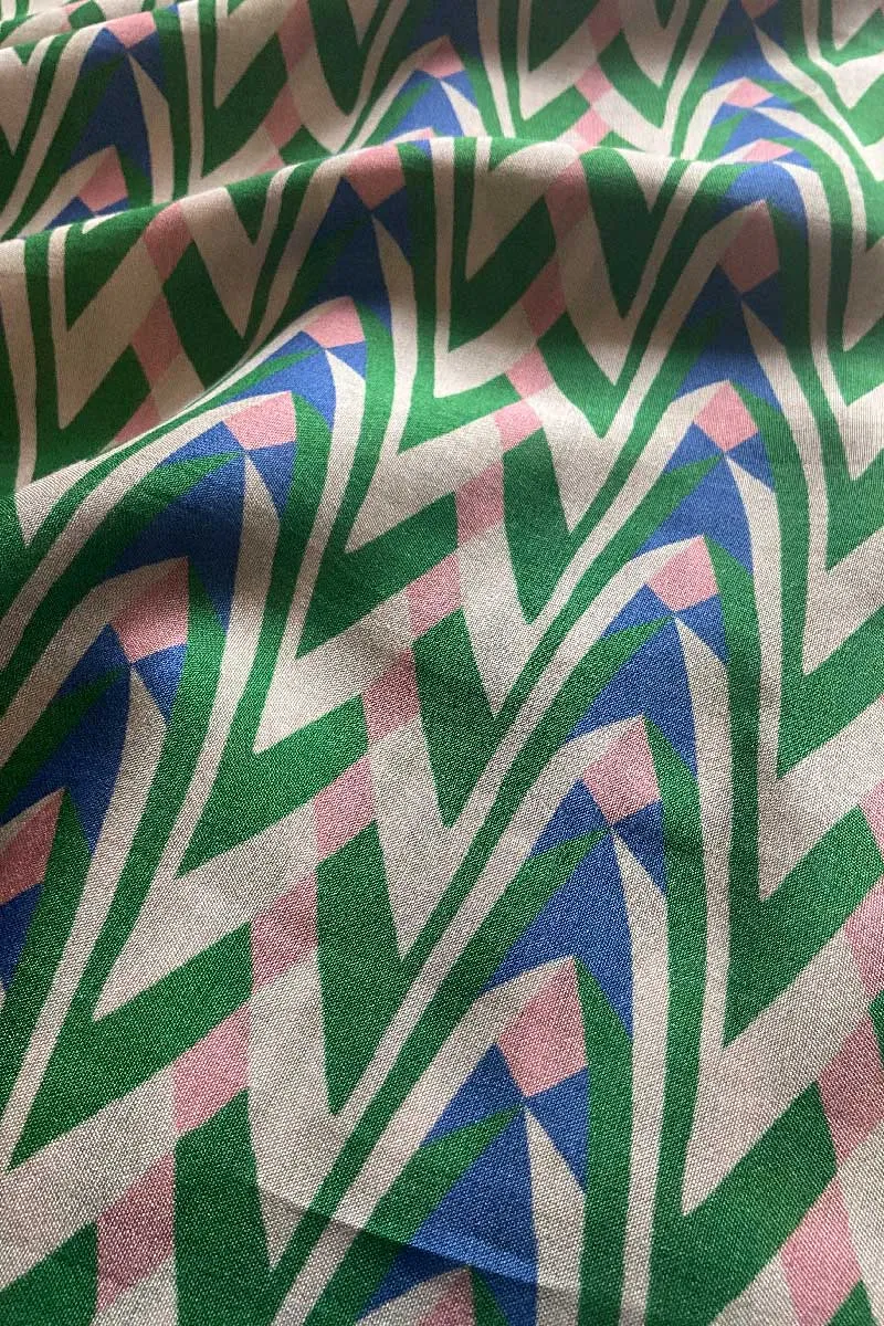 Multicolor Abstract Herringbone Pattern Printed Natural Muslin Silk Fabric