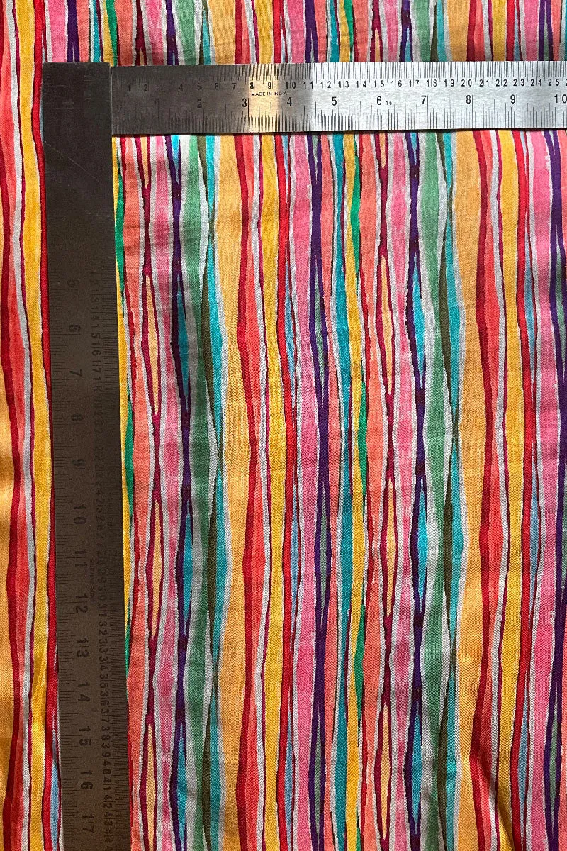 Multicolor Vertical Leheriya Pattern Printed Natural Muslin Silk Fabric