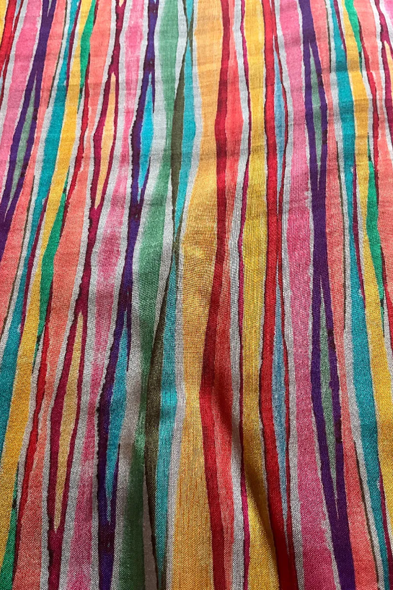 Multicolor Vertical Leheriya Pattern Printed Natural Muslin Silk Fabric