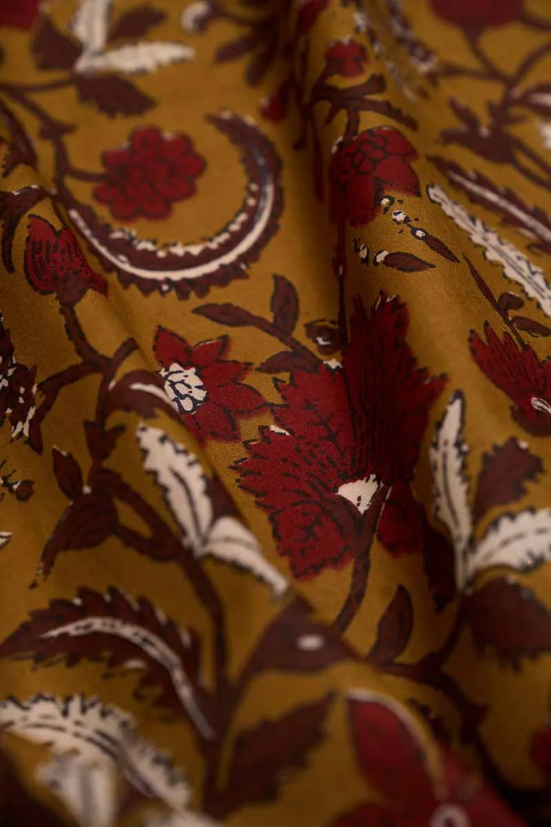 Mustard Pure Cotton With Maroon Floral Printed Fabric