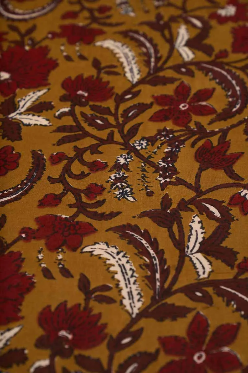 Mustard Pure Cotton With Maroon Floral Printed Fabric