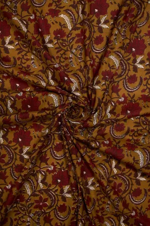 Mustard Pure Cotton With Maroon Floral Printed Fabric