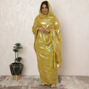 Mustard Yellow Sudanese Thobe Fabric in Pure Silk Chiffon with Metallic Lurex, 4.5 Meters, 110 cm Width-D20403