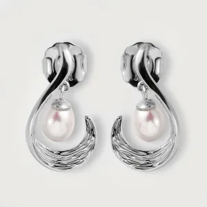 Ocean Wave Drop Earrings with Freshwater White Pearls