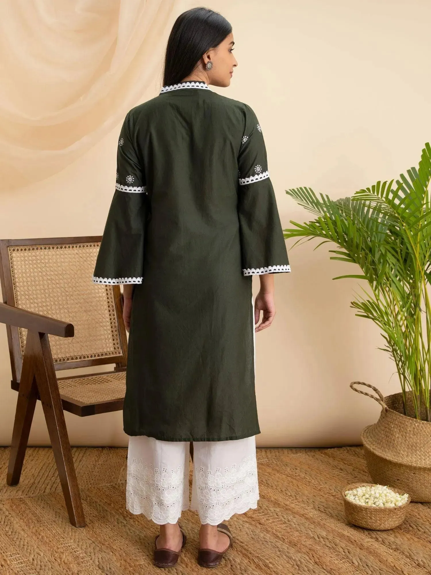 Olive Embroidered Cotton Kurta