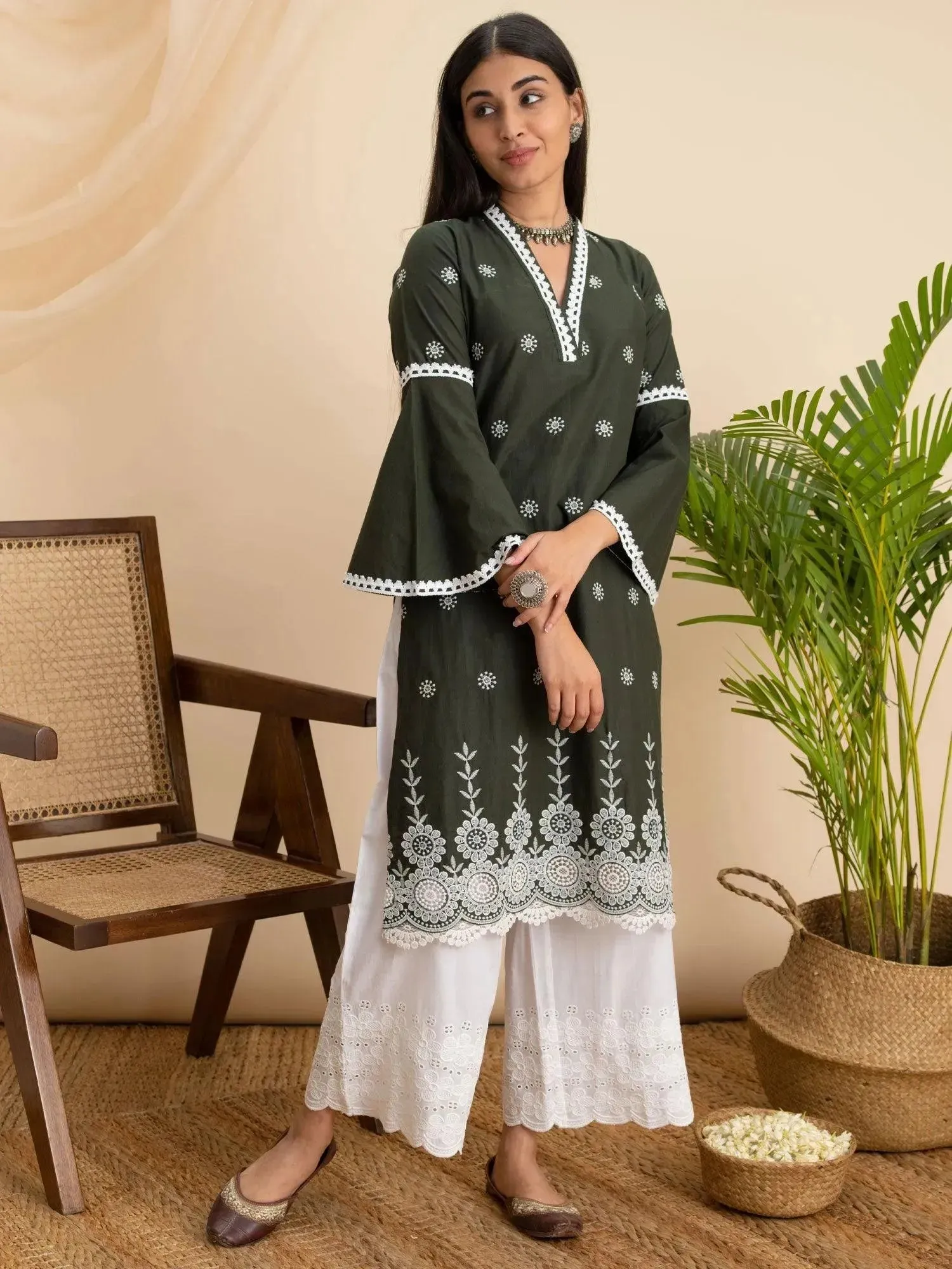 Olive Embroidered Cotton Kurta