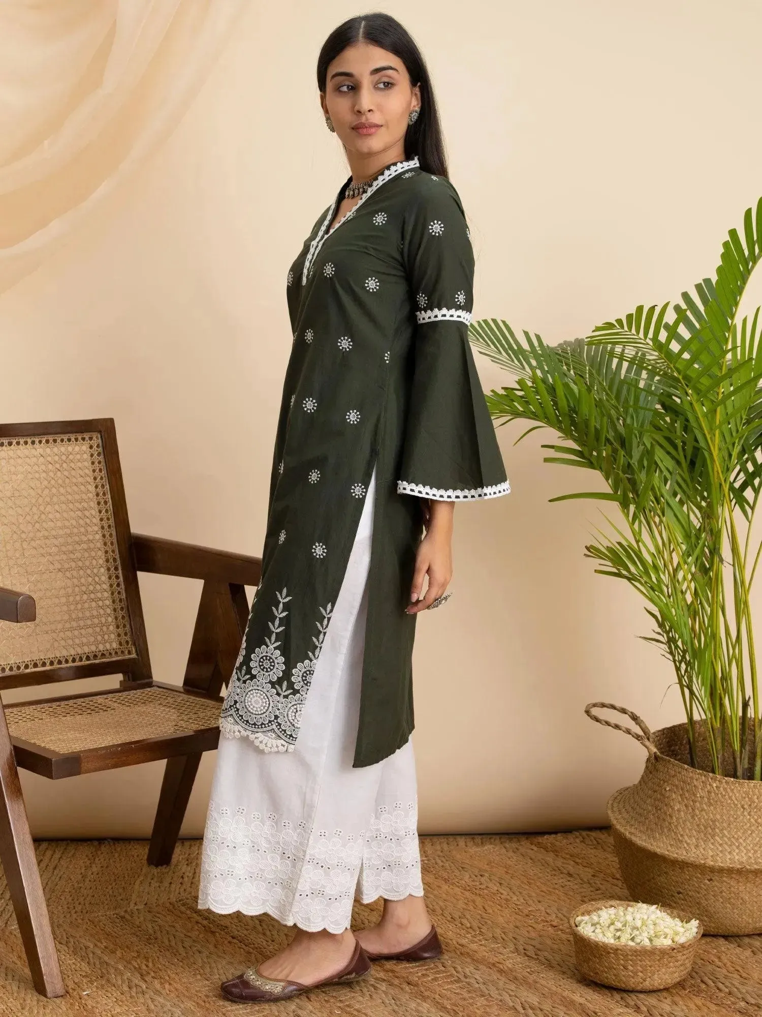 Olive Embroidered Cotton Kurta