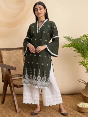 Olive Embroidered Cotton Kurta