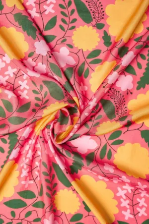 Orange Big Flower Pattern With Pink Background Natural Muslin Silk Fabric