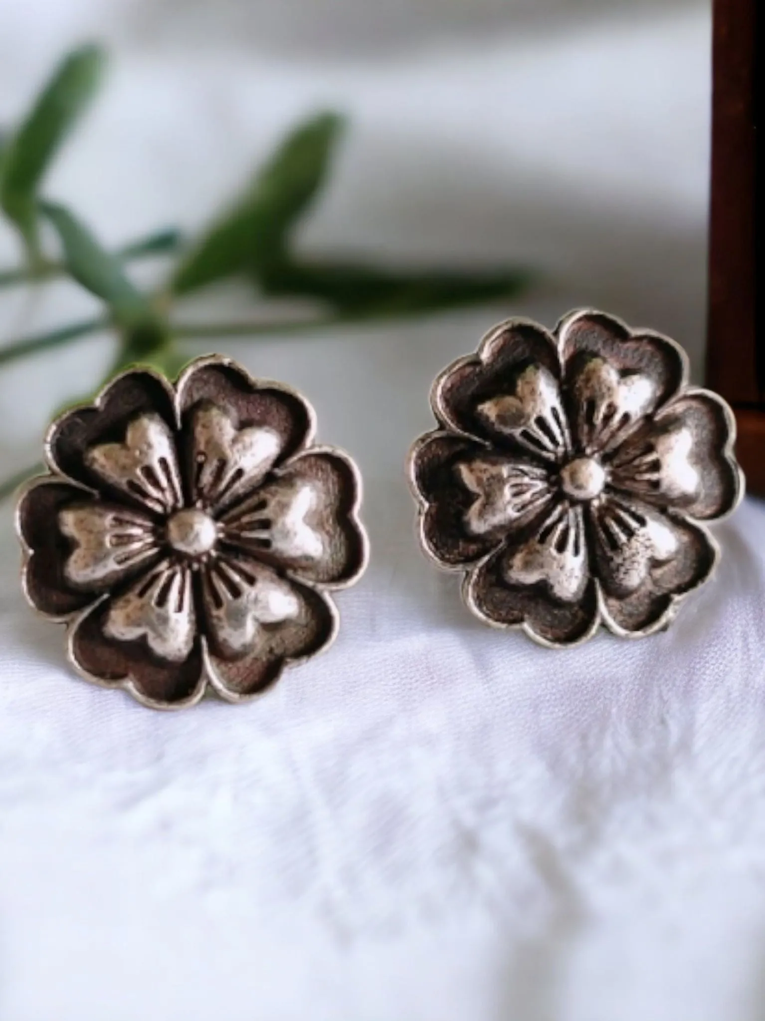 Oxidised Silver Floral Stud Earrings for Elegant, Everyday Charm | Sarichka