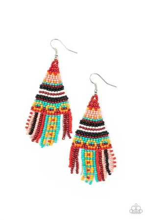 Paparazzi Earring ~ Beaded Bohemian- Red