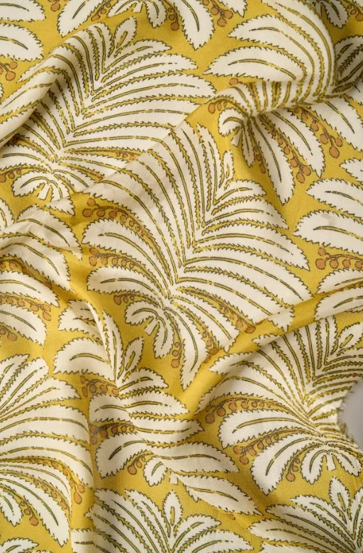 Pastel Yellow Color Leafy Pattern Printed Natural Muslin Silk Fabric