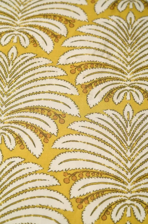 Pastel Yellow Color Leafy Pattern Printed Natural Muslin Silk Fabric